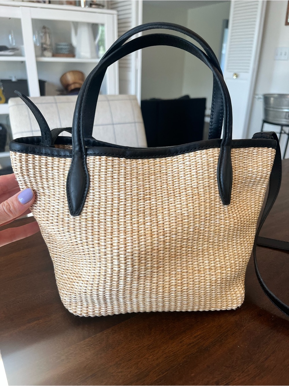 Madewell Mini Shopper Tote in True Black Multi - Leather-Trimmed Straw - Picture 5 of 13